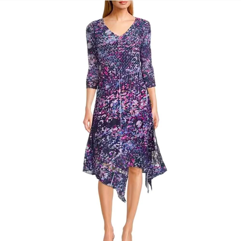 Komarov Chiffon 3/4 Sleeve V-Neck Purple Hybird Hem A-Line Dress M NWT IN PKG‎